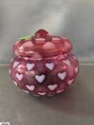 3 Fenton Opalescent Cranberry Heart Motif Glass Pieces - Small Pitcher, Basket, Powder Jar - 6.5" of tallest