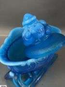 West Moreland Blue Santa On Sleigh, Lidded Piano St Claire Glass Works, Hand Made Glass Basket, Cobalt Dish