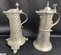 2 Early English Pewter Steins 13" Tallest