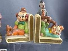Clown Collectibles, Roly Poly Clown Bank, Lefton Bookends, Marked Taiwan Figurines, And Composite Bank, Tallest 8"