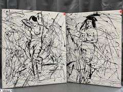 2 Luis Espinoza Black Acrylic Painting on White Canvases Figure #10 & 11, Man and Woman 22x26.5"