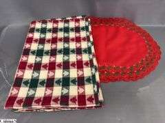 Singed Red and Green Vase, Holiday Placemats, Cloth Napkins, Table Cover