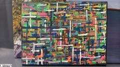 4 Painting on Canvases and Board, Abstracts and Beach Scene, Some Signed See Photos Largest Measures 20x25"
