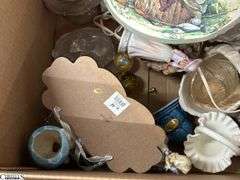SKID of Boxed Lots, Garden Statue, Parlor Chair Plant Stand, Angels, Ornaments, Bells, Milk Glass Baskets, Figural Bells, Frames, Art Glass Paperweights, SKID is Not Included