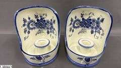 Pair of Ceramic Blue and White Candle Holders 5" Tall