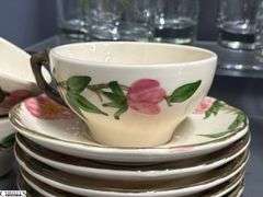 Franciscan Desert Rose Glasses, Mugs, Teacups and Saucers - 7" of largest, some chipping - Approx 36pcs