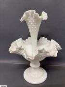Milk Glass Ruffle Baskets, Single Horn Epergne Tallest 10.5"