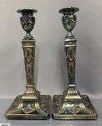 2 Pair of Candle Sticks, Sheffield Has Mark, Other Pair Has Damage To Base 12.5"