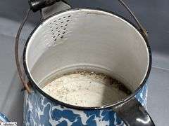 4 Blue and White Enamel Swirl Large Coffee Pot, Milk Jug, 2 Coffee Pots - Some wear/chipping - 12" of tallest