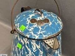 4 Blue and White Enamel Swirl Large Coffee Pot, Milk Jug, 2 Coffee Pots - Some wear/chipping - 12" of tallest