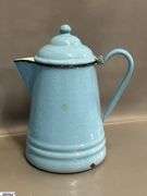 3 Enamelware Coffee Pots and Small Lidded Jug - 10" of tallest - some wear, chipping