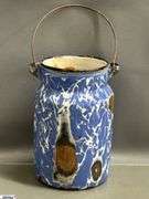 3pcs Swirl and Spatter Enamelware Milk Jugs - One missing lid - 8" of tallest - Some wear, chipping