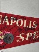 Indianapolis Speedway Autographed Pennant.  Autographs include Jim Nabors, Tom Sneva, Johnny Rutherford, Michael Andretti, Robby Buell, Eddie Cheever, Billy Boat, Rodger Ward, Poncho Carter, Jim Rathmann, Robby Unser, Scott Goodyear and Others