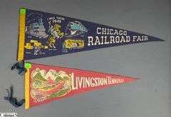 2 Pennants.  Chicago Railroad Fair "I Was There" 1949 and a Livingston, Tennessee Fishing Pennant