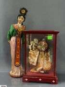 Chinese Dinner Gong, Figurines, Fans, Doll In Case 11"