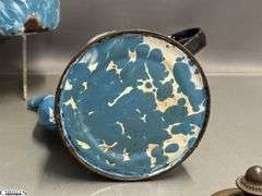 4 Blue and White Enamel Swirl Large Coffee Pot, Milk Jug, 2 Coffee Pots - Some wear/chipping - 12" of tallest