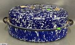 Blue and White Swirl Enamelware Roaster - Some wear, chipping - 18"