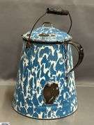 4 Blue and White Enamel Swirl Large Coffee Pot, Milk Jug, 2 Coffee Pots - Some wear/chipping - 12" of tallest