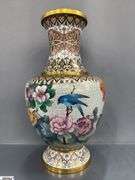 Oriental Brass Cloisonne Style Vase 15.5" Tall, Small Dent On Side