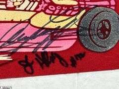 Indianapolis Speedway Autographed Pennant.  Autographs include Jim Nabors, Tom Sneva, Johnny Rutherford, Michael Andretti, Robby Buell, Eddie Cheever, Billy Boat, Rodger Ward, Poncho Carter, Jim Rathmann, Robby Unser, Scott Goodyear and Others