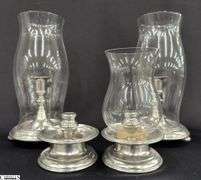 Set Of 4 Pewter Candlestick Holders With Removable Clear Glass Hurricane Shades, Missing One, Bases Are Marked With Stamps. 12.5" Tallest.