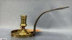 2 Brass Candle Holders, Push up With Large Drip Pan 11" Across 5.5" Tall, and Extended Handle on The Other