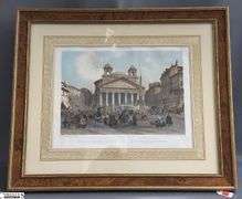 Framed Benoist Lithograph Under Glass Burled Wood Style Frame 23x21"