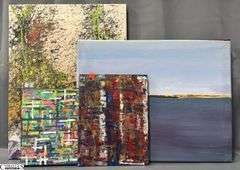 4 Painting on Canvases and Board, Abstracts and Beach Scene, Some Signed See Photos Largest Measures 20x25"