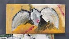 3 Alummoa Zumigo Winged Figure #13, 14 & 15 Abstract Mixed Media and Oil Paintings on Canvas Each Measures 27x14"