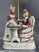 Figural Victorian Tea Time Table Lamp With Ruffle Shade, 17"