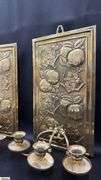 2, Brass Late Victorian Aesthetic Movement, Bruce Talbert Style, Embossed With Apples And Blossom, Three Arm Candle Sconces 8x14"