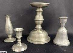 4pcs Pewter Candle Holders and Bud Vase, Tallest 7"