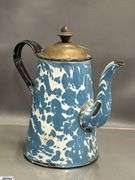 4 Blue and White Enamel Swirl Large Coffee Pot, Milk Jug, 2 Coffee Pots - Some wear/chipping - 12" of tallest