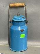 3 Enamelware Coffee Pots and Small Lidded Jug - 10" of tallest - some wear, chipping