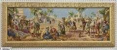 Framed Tapestry, Middle Eastern Marketplace Scene With People, Camels, and Horses Measures 60x24"