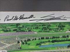 Indianapolis Motor Speedway 40" X 13.5" Areal Photo with Autographs.  Signatures Include Andy Hillenburg, Paul Goldsmith, Johnny Rutherford, DIZ, John Martin, and Many Others.