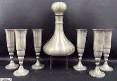 Lunt Silversmith Pewter Decanter With 6 Stems, Some Dents and Wear, Decanter 8.5"