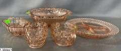 5 pcs Pink Depression Glass - Cream and Sugar, Bowl, Divided Plate, and Dish - 10" of bowl