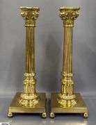 Two Brass Column Style Candle Sticks With Square Bases 16.5"