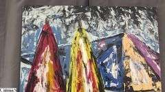Antonio Garcia Umbrellas On Beach, Impressionist Painting On Canvas 35x56"