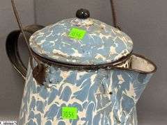 2 Blue and White Swirl Enamelware Coffee Pots - 11" of tallest - Some wear, chipping