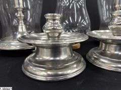Set Of 4 Pewter Candlestick Holders With Removable Clear Glass Hurricane Shades, Missing One, Bases Are Marked With Stamps. 12.5" Tallest.