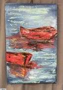 Antonio Garcia Red Boats, Impressionistic Acrylic Painting On Canvas 35x56"