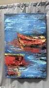 Antonio Garcia Red Boats #2, Acrylic Painting on Canvas, Measures 35x56"