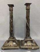 2 Pair of Candle Sticks, Sheffield Has Mark, Other Pair Has Damage To Base 12.5"