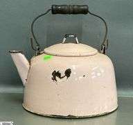 Pink Enamel Kettle - 10" x 6.5" - some wear, chipping