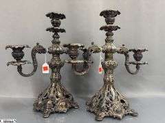 Pair of Three Flame Reed and Barton Renaissance Pattern Candelabras 15x16", Marked 800