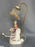 Figural Victorian Tea Time Table Lamp With Ruffle Shade, 17"