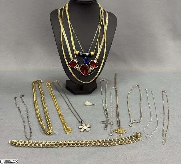 16 Chain Type Necklaces.  The clasp is broke on 1 chain. One is marked sterling image