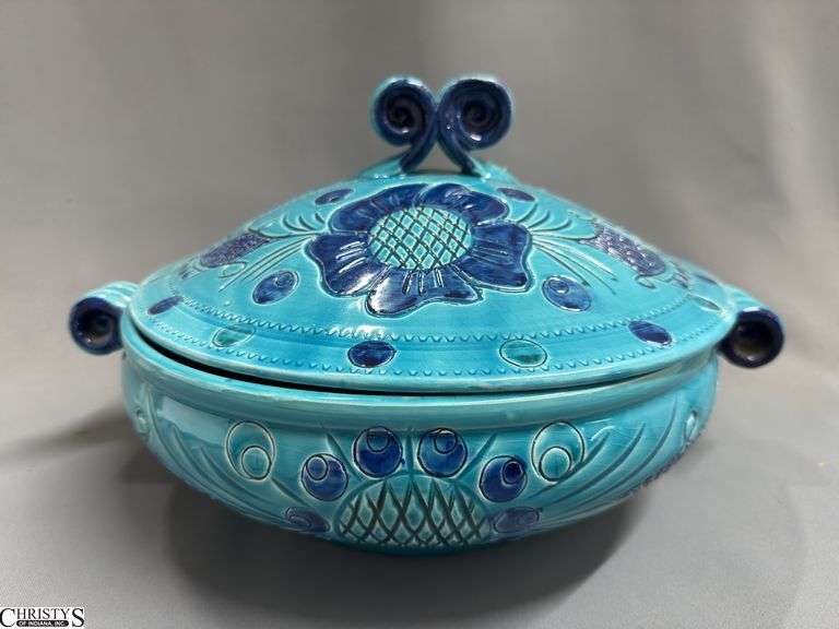 Turquoise Glazed Pottery Tureen With Lid 15" Wide image